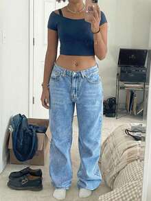 Women's Loose Fit Straight Leg Jeans With Pockets - Blue - View 7