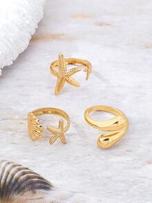 3pcs Minimalist Gold-Tone Beach Vacation Theme Starfish Shell Water Drop Thick Solid Metal Rings Set, Suitable For Women, Chunky Smooth Matte Finish Heavy Alloy Material Rings Set - Yellow Gold - View 5