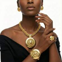 Bộ trang sức vàng 18K Nigeria cao cấp dành cho phái đẹp mùa Ramadan - Dây chuyền bản to bản, mặt dây chuyền rỗng tinh xảo, bông tai/nhẫn/vòng tay đồng bộ, mặt dây chuyền trơn nhẵn với thiết kế tròn lớn. Chất liệu chống oxy hóa, thiết kế sang trọng lấy cảm hứng từ châu Phi, thích hợp cho đám cưới/tiệc tùng. "Đừng ngoảnh mặt làm ngơ. Nó thuộc về bạn, giúp bạn xinh đẹp và thanh lịch trong mọi dịp." - Vàng +2 - Xem 13