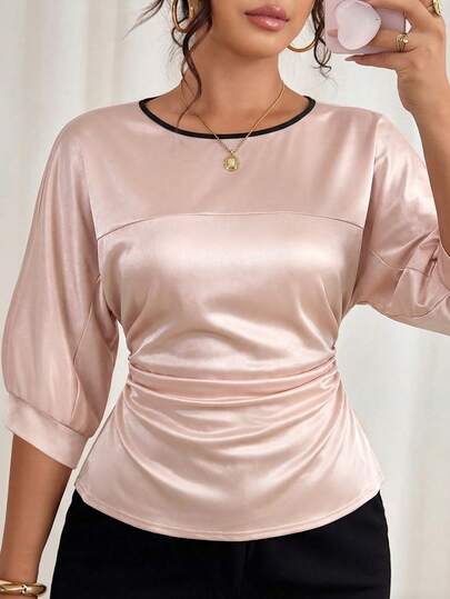 Bluză elegantă cu imprimeu contrastant pentru femei, mărime plus, primăvară/vară, talie strânsă, mărime plus