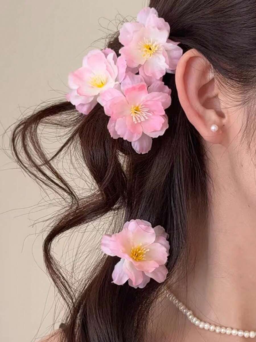 5pcs Sweet Pink Flower Hair Clips, New Seaside Floral Hairpins, Atmosphere Bangs Clips, Fairy-Like Holiday Style