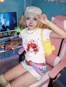 2026夏季新款女式修身短款上衣，卡通像素印花，甜美少女Y2K百搭圆领T恤，1件装 - 白色 - 查看 1