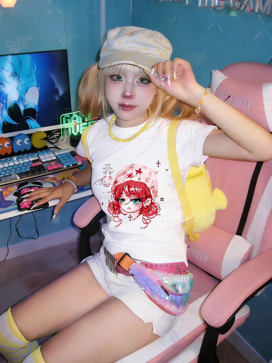 2026夏季新款女式修身短款上衣，卡通像素印花，甜美少女Y2K百搭圆领T恤，1件装 - 白色 - 查看 1