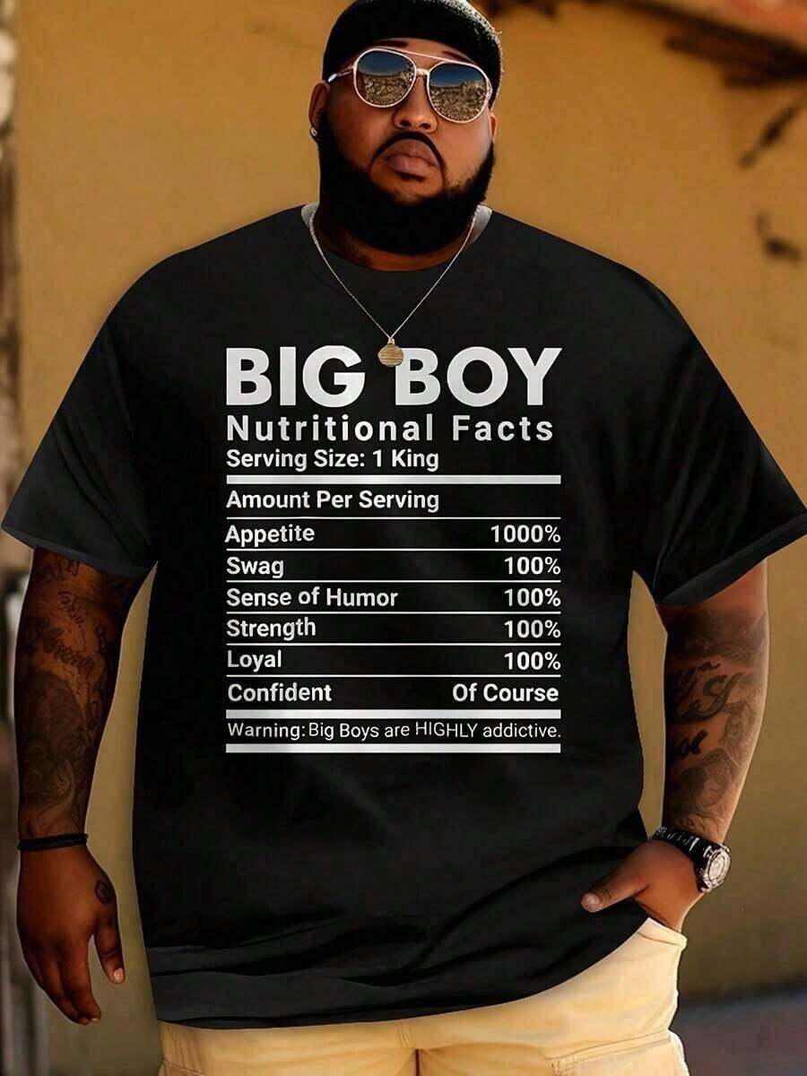 Camiseta Estampada con Información Nutricional de Big Boy - 100% Algodón, Camiseta Casual de Gran Tamaño para Hombre con Diseño Divertido, Lavable a Máquina, Prenda Novedosa para Uso Casual y al Aire Libre, Ropa Divertida| Camiseta de manga corta| Ropa Duradera, TALLAS GRANDES - Negro - Ver 1