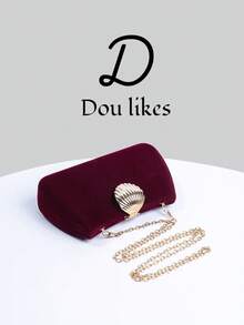 1pc Luxury Velvet Box-Shaped Party Clutch, Scallop-Shaped Rhinestone Decor Evening Bag With Metal Chain, Suitable For Banquet, Ball, Formal Dress, Party, Wedding, Prom, Formal Dinner - Burgundy - View 5