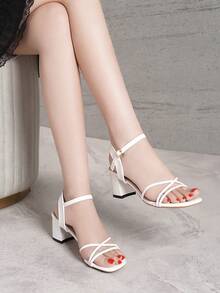 Giày sandal đế dày mũi vuông màu trắng dành cho thanh thiếu niên, giày cao gót một quai kiểu dáng mới cho mùa hè dành cho học sinh, sandal hở mũi đa năng màu trắng. - trắng - Xem 5