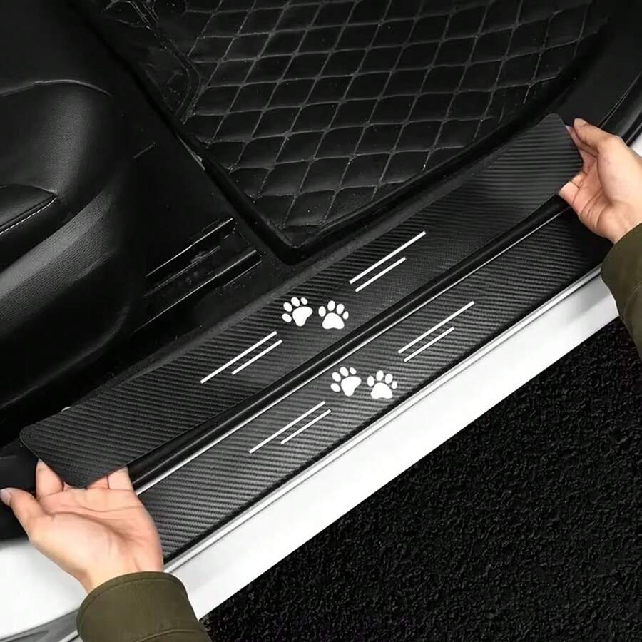 4 Pcs Car Sill Protection Strips | Anti-Slip Striped Design, Cute Cat Paw Print, Self-Adhesive Anti-Scratch Edge Protection, Universal Type Suitable For All Car Models, Easy To Install, Humorous Design - A - View 1