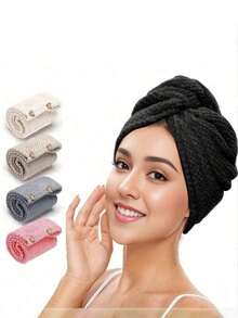 1pc Coral Fleece Simple Solid Color Pineapple Texture Hair Drying Towel, Absorb Water For Long/Short Hair - Multicolor - View 3
