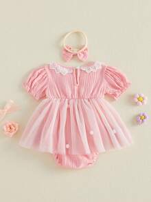 Baby Girl Summer Outfits Decorative Flower Bow Mesh Crew Neck Short Sleeve Romper Dress And Bow Headband 2 Pcs Set - 粉色 - 查看 7