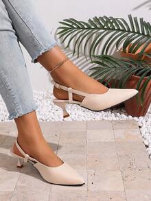 1 đôi sandal cao gót mũi nhọn tối giản màu trơn, thích hợp cho tuổi teen, màu be, khóa cài, đa năng cho cả đi chơi và đi làm. - Màu be - Xem 2