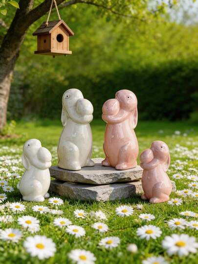 1pc Rabbit With Egg Figurine, Easter Decor, Creative Design, Ceramic Craft, Cute Style, Outdoor Garden & Yard Decoration, Ideal For Balcony, Patio, Garden, Holiday And Party Decoration