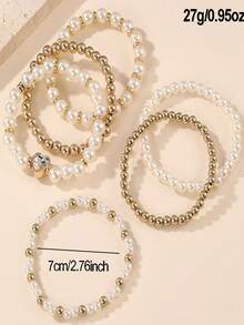 6pcs/Set Beaded Faux Pearl Heart Pendant Bracelet Set For Women, Suitable For Parties And Birthday Gifts - Multicolor - View 5