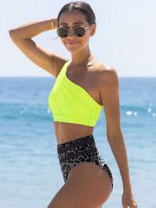 popvil Women's Colorblock One-Shoulder Bikini Set, Suitable For Summer Vacation And Beach Wear - Green - View 3