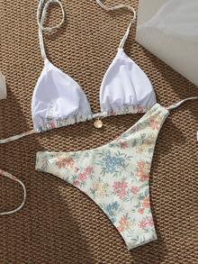 两件套女士碎花比基尼套装 - 三角吊带贝壳吊坠泳衣上装，高腰丁字泳裤，可爱夏季沙滩度假泳装 - 彩色 - 查看 3