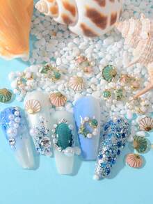 奢华混搭夏季海滩海洋风美甲合金配件，美甲装饰用品，滴油彩色贝壳海星珍珠花环镂空金属水钻装饰美甲 - 彩色 - 查看 6