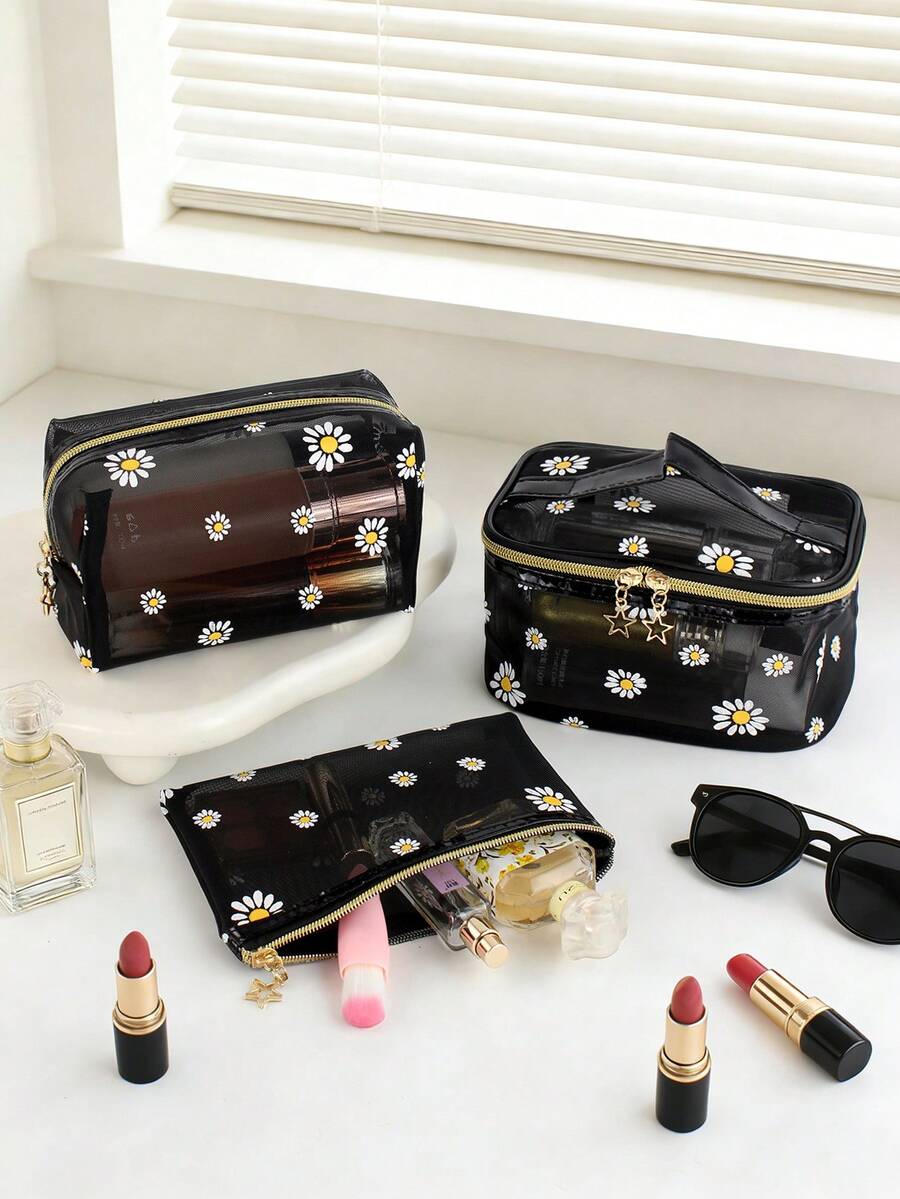 3pcs/Set Large Capacity Fashionable Minimalist Transparent Hollow Mesh Cosmetic Bag, Suitable For Travel, Outdoor, Home Use