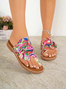 Rainbow Bow Tie Women's Flat Sandals, Comfortable Massage Sole Colorful Beach Slippers,Flip Flops,Summer Outfits - Pink - View 6