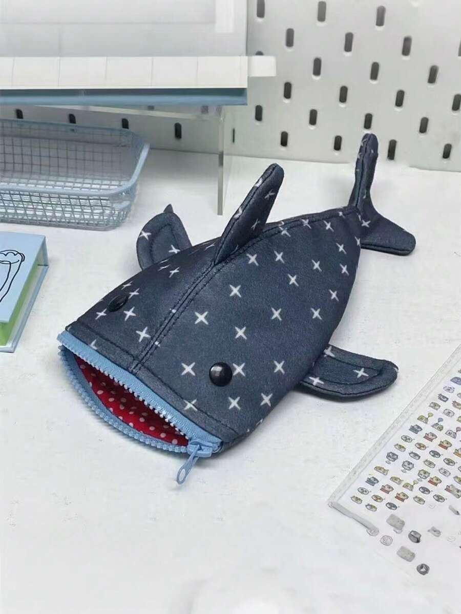 1个鲨鱼造型铅笔盒，大容量，可作零钱包，拉链设计，可装铅笔、马克笔、荧光笔等，可爱动物文具，办公用品，送给女性的礼物，返校季好物 - 彩色 - 查看 1