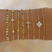 PHCOO 时尚多层链条手链，新款简约金色首饰，个性化合金手链套装，可自由搭配叠戴手链 - 金色 - 查看 7