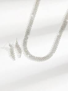 3pcs Light Luxury Bridal Jewelry Set Simple Diamond Necklace Earrings Two Pieces Jewelry Set Jewelry Earrings Neck Summer Earrings For Women - Silver - View 4