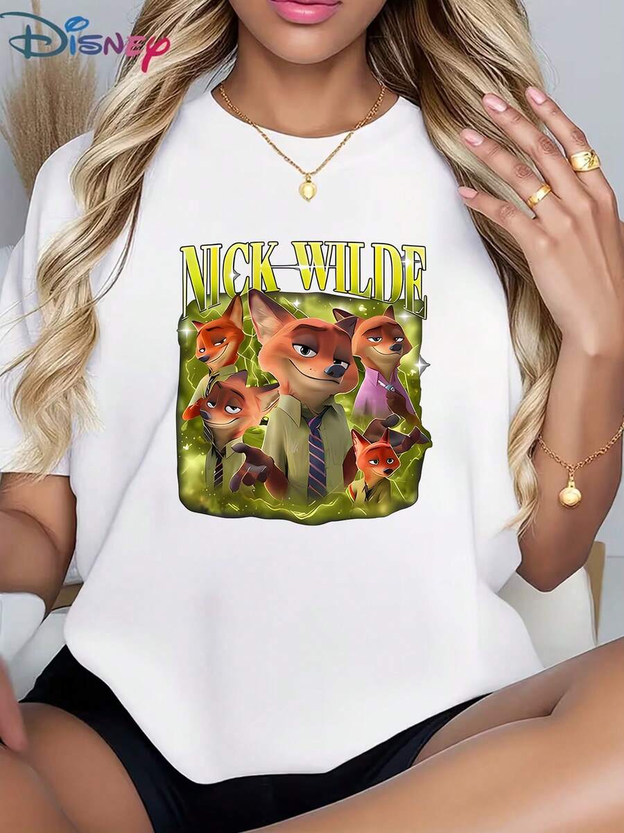 Casual Women's Disney Graphic T-Shirt, Featuring Nick Wilde Retro Bootleg Design (Red Fun Print) - Versatile For School, Hangouts & Casual Parties, Popular Women's Cartoon TeeMade From Soft, Comfortable, And Durable Pure Cotton, This Is An Ideal Choice For Spring And Summer. This Crew Neck T-Shirt Is Suitable For Various Occasions, Including Everyday Wear, Shopping, Parties, Travel, And Gatherings, And Also Makes A Thoughtful Gift. - 黑色 - 查看 1