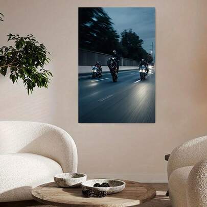 1-częściowy obraz ścienny na płótnie z motywem wyścigów motocyklowych – dynamiczny wydruk nocnej jazdy motocyklem, bezramkowy, wodoodporny plakat 2D z rozmyciem ruchu motocyklisty, odpowiedni do salonu, sypialni, kuchni, domu, biura – idealny prezent dla motocyklistów i entuzjastów motocykli – żywy motyw wyścigowy, prędkość i sportowy design, wytrzymały, wodoodporny materiał płócienny