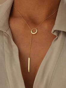 1pc 18K Gold Plated Stainless Steel Elegant Lariat Necklace, Delicate Gold Circle And Bar Lariat Necklace, Chic Y-Shaped Necklace, Modern Circle Design Necklace, Minimalist Style Women's Gift, Fashion Jewelry Gift For Her - Gold - View 12