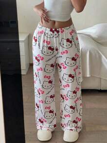 SANRIO 1 chiếc quần dài ống đứng màu trắng in họa tiết hoạt hình mềm mại và dễ thương dành cho nữ. - trắng - Xem 6