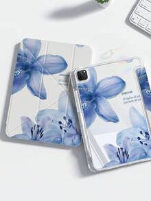 A Cute Cartoon Anime Blue Flower & Letter Pattern Double-Sided Acrylic Transparent Crystal Back Cover, Shock-Proof, Suitable For IPad 7th, 8th, 10th Generation (10.2 Inch), Built-In Pen Slot, Support Sleep/Wake Function, Ideal Gift Choice - Multicolor - View 2