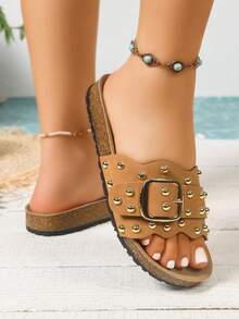 Women's Fashion PU Leather Buckle Beach Sandals, Summer - Mocha Brown - View 7