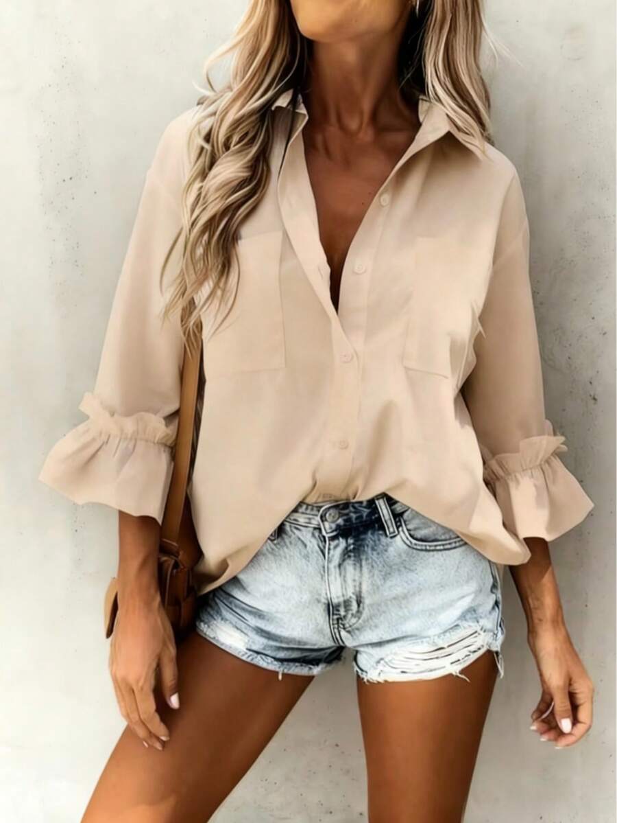 Áo sơ mi tay lỡ cổ cài nút phong cách tối giản, thanh lịch, kiểu dáng nữ mùa xuân. - Màu be - Xem 1