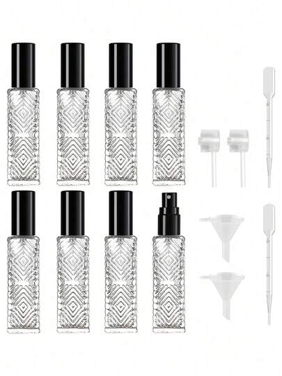 Bộ 8 chai xịt mini 15ml màu đen, chai xịt nước hoa và tinh dầu bằng thủy tinh vuông có thể nạp lại, chống rò rỉ, tạo sương mịn, kích thước nhỏ gọn tiện dụng khi đi du lịch, hộp đựng mỹ phẩm di động, vật dụng cần thiết khi đi du lịch cho nam nữ, sử dụng hàng ngày khi đi nghỉ mát, hoạt động ngoài trời, phòng tập thể dục, bình đựng tinh dầu thơm tự làm cao cấp, dụng cụ làm đẹp nhỏ gọn, nhẹ, bỏ túi, món quà sinh nhật lý tưởng cho mẹ, bạn gái để sử dụng khi di chuyển.