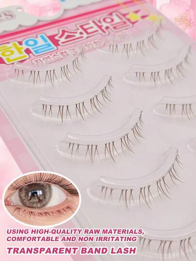 5 pares de pestañas inferiores de color marrón natural, pestañas postizas con diseño de llama pequeña y cartoonesca de banda transparente estilo coreano, accesorios de maquillaje esenciales, que agrandarán los ojos y transmitirán una sensación de juventud y ligereza, adecuadas para principiantes, uso diario, citas, viajes, trabajo y bodas, pestañas postizas cómodas