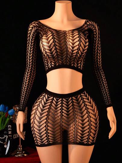 2pcs Women Sexy Lingerie Sets,Sexy Lingerie Top And Skirt,Long Sleeves Waistless Hollow See-Throug,Hot Girl Outfit,Bikini Cover-Up,Sexy Party Role Play Costume Valentine's Day,Black Lingerie Set