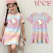 SANRIO Hello Kitty Printing. Spring, Summer, And Autumn Teenage Casual Fashion Creative Personality Fresh, Simple, Cute Cartoon Pattern Dress, Comfortable Basic Short Sleeved T-Shirt Ruffle Colored Dress, Suitable For Summer Beach Wear, Play, And Photography. - Color Bars - View 1