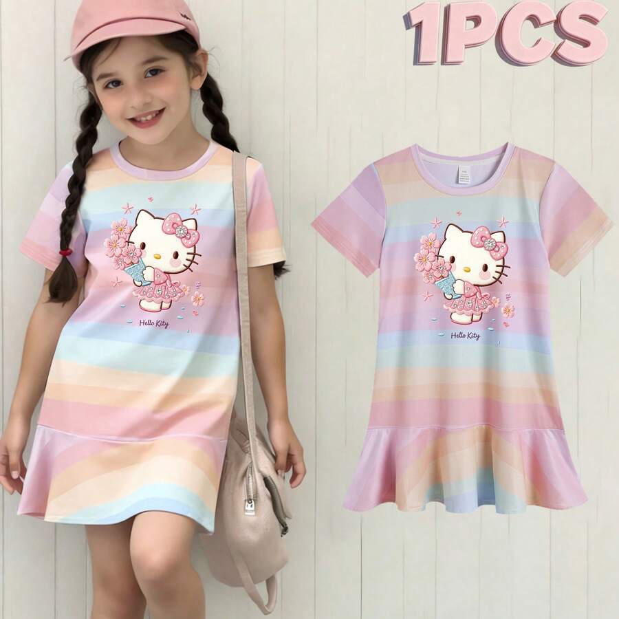 SANRIO Hello Kitty Printing. Spring, Summer, And Autumn Teenage Casual Fashion Creative Personality Fresh, Simple, Cute Cartoon Pattern Dress, Comfortable Basic Short Sleeved T-Shirt Ruffle Colored Dress, Suitable For Summer Beach Wear, Play, And Photography. - Color Bars - View 1