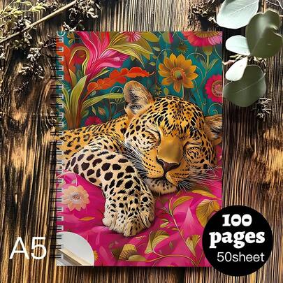 异域豹纹与热带花卉螺旋笔记本——充满活力的野生动物与自然图案、创意写作和素描的完美之选