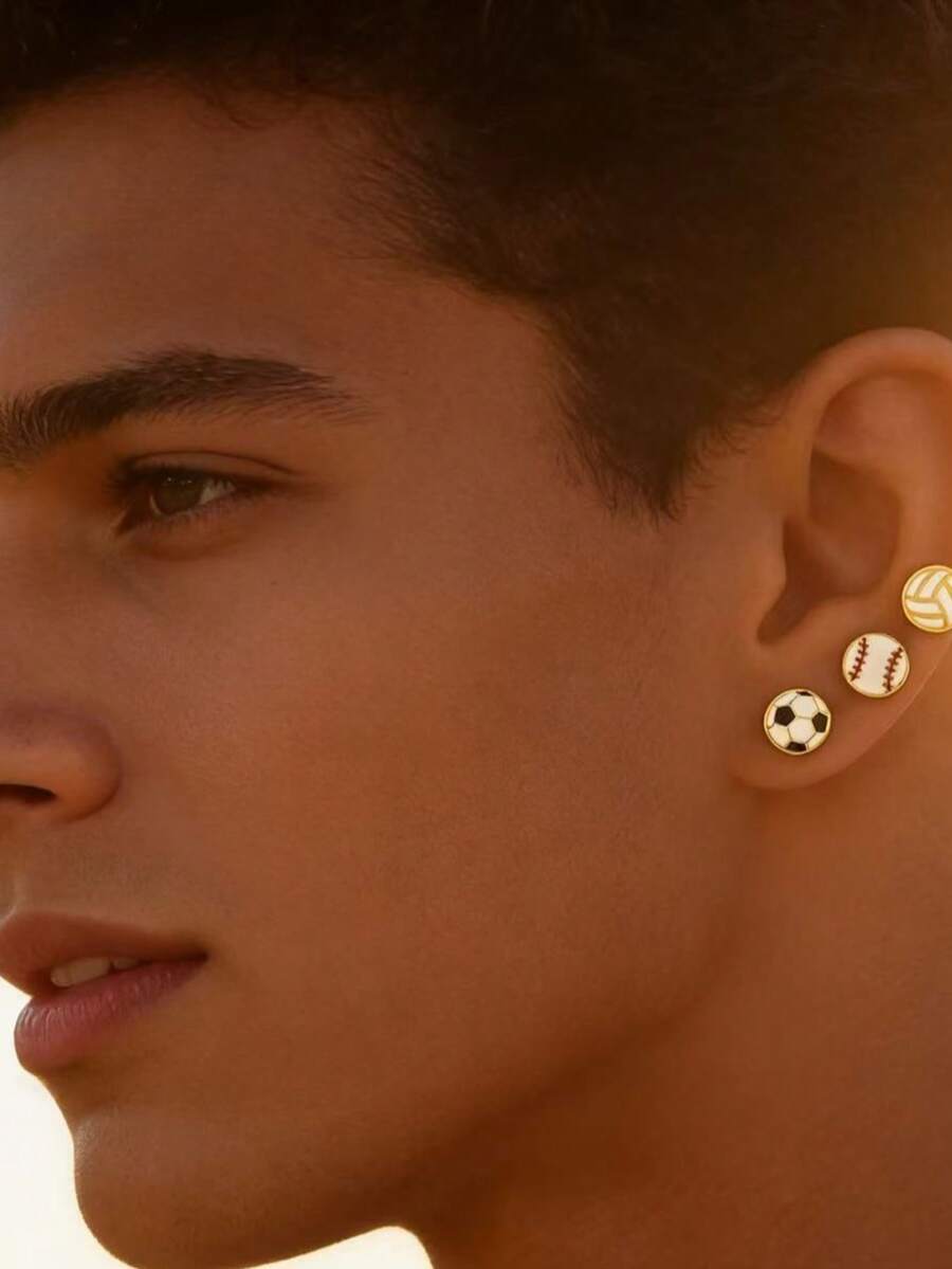 1 Pair Men's Stainless Steel Sports Series Earrings, Fashionable Minimalist Design Basketball, Football, Volleyball, Baseball - Ball-shaped Earrings - View 1