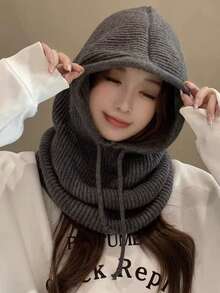 1pc Women's Fashion Knitted Hooded Neck Warmer, Drawstring Balaclava Hat, Versatile For Commuting - Beige - View 11