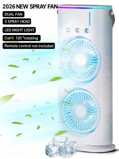 1台便携式双风扇喷雾空调，3档风速，3个出风口，带彩色夜灯，喷雾降温风扇