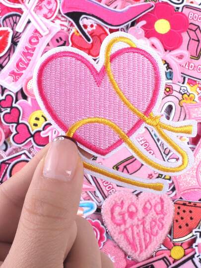 20pcs/30pcs/50pcs/70pcs/Random Pink Star, Bow, Cross, Letter Embroidered Iron-On Patches, Suitable For DIY Clothing And Accessories - Hats, Jeans, Jackets Etc. Unique Cute Cartoon Embroidered Applique Patches