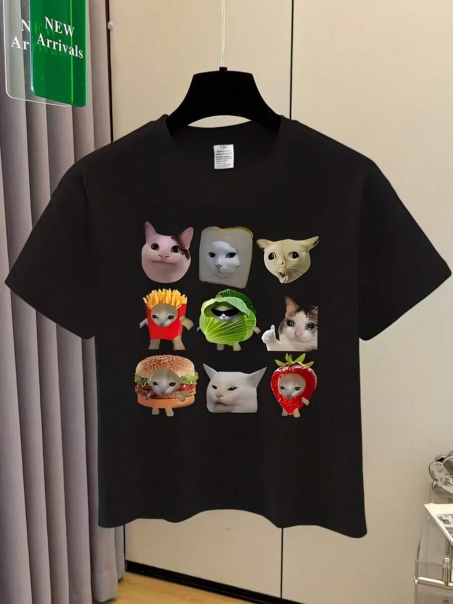 Funny Cat Meme Compilation Y2K Tops, Teen Girl Summer Clothes, Viral Meme Graphic Cotton Shirts For Teen Girls Summer Outfits - 黑色 - 查看 1