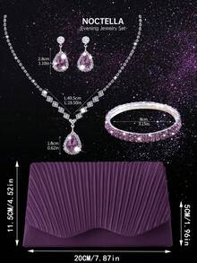 Noctella Elegant Ruched Solid Colour Evening Clutch, Stylish Women's Party Envelope Purse, Paired With A Luxurious Sparkling Rhinestone Jewellery Set Of Three Pieces, Including A Sparkling Rhinestone Necklace, Earrings, And Bracelet, Suitable For Dinners, Parties, And Balls - Purple - View 3
