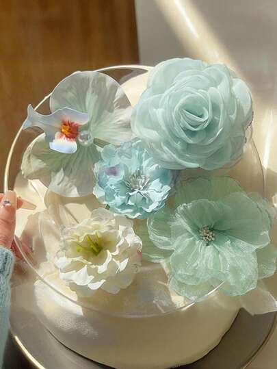 薄荷绿网状花朵爪夹，兰花侧刘海夹，独特设计发饰，适合女性日常及度假使用