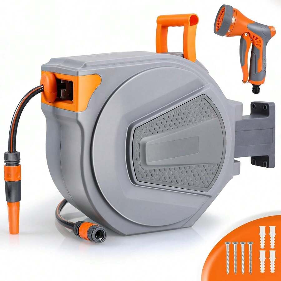Hose Reel With 30m Garden Hose, Wall-Mounted Hose Reel, 180° Swivel & Automatic Rewind, Wall Hose Box Incl. 9-Function Hand Shower, For Watering - 30M - View 1