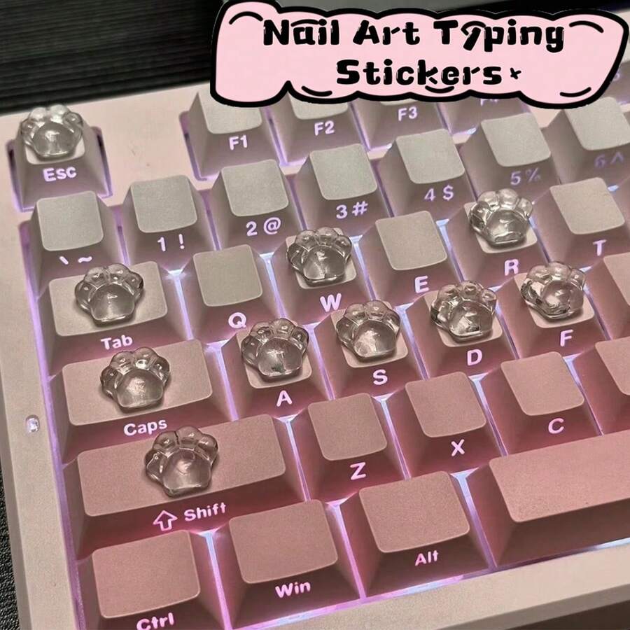 30Pcs DIY Keyboard Stickers, Crystal Key Heighteners For Computer Keys, Cute Minimalist Cat Paw Nail Art Typing Aid With Transparent Spacers To Protect Manicure From Damage. - View 1