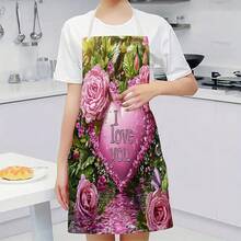 1pc Pink Heart And Rose Pattern Kitchen Apron, Suitable For Kitchen, Living Room, Dining Room, Hotel, Outdoor Barbecue And Other Scenarios, Made Of 100% Polyester, Machine - Washable, Large - Sized - Multicolor - View 8