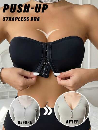 Strapless Bra, Women's Seamless Invisible Bra, One-Piece Lift-Up Bra, Front-Closure Bra, Padded Backless Breathable Wireless Bridal Bra, Lingerie