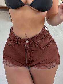 Women's Casual Pocketed Button Distressed Denim Shorts, Versatile For Daily Wear - Brown - View 6