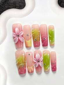 10pcs French Style Acrylic Nail Art Set, Including Solid Color, Water Wave, Raindrop, White Edge Outline French Tip, 5-Petal Pink Flower, Shell Pattern Nail Stickers, Pink Nail Polish, Summer Holiday Nails, With Nail File (1 Jelly Sticker + 1 Nail File), 3 Sizes Available: Almond, Duck Mouth, Coffin - Nhiều màu - Xem 18